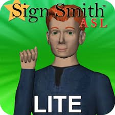 Round green square with drawing of boy with red hair holding up his right arm and making an ASL sign.