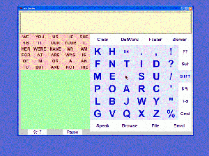 Screenshot showing an on-screen keyboard on the right and word choices on the upper left and a black green square on the lower left.