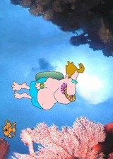 Drawing of a boy swimming in a coral reef with pink coral below him and a fish in the lower-left corner.