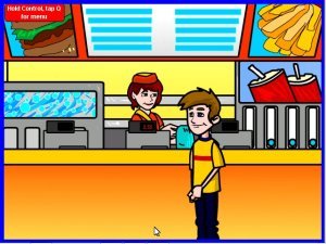 Drawing of teenage boy standing at the counter of a fast food restaurant.