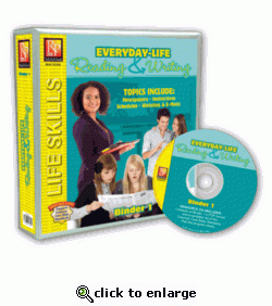 Binder package cover showing teacher holding a notebook and students reading a newspaper and looking at a schedule.