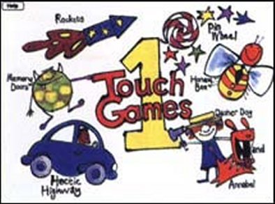 Rectangular image with a large yellow numeral 1 in the middle and the name Touch Games written across it and cartoon-like drawings of various objects all around it.