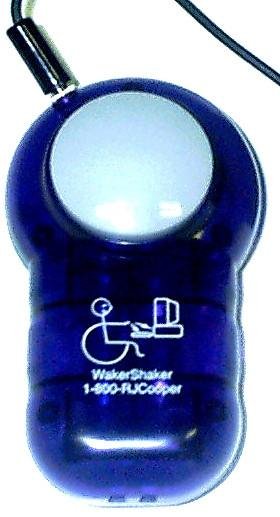 Blue plastic handheld massager with a large round light blue vibrating pad at the top and a cord leading out at an angle.