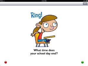 Cartoon drawing of a girl sitting at a school desk smiling and a question written underneath the image. There is a small red dot on the bottom left and a small green dot on the bottom right.