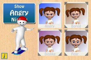 Screenshot of a drawing of four little girl faces with different expressions on the right and a figure on skateboard on the right with a description of the expression.