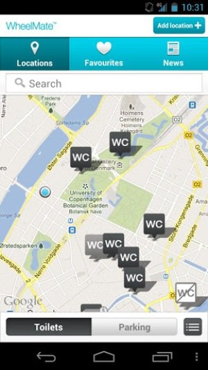 Smartphone screenshot of a map with several wheelchair-accessible restrooms identified.