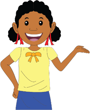 Young girl in a yellow shirt and blue pants with her left arm out asking a question.