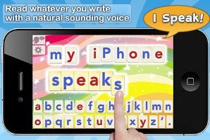 Horizontal oriented iPhone and a finger manipulating letters on the screen to form a sentence.