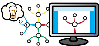 Colorful drawing of computer display with a flowchart diagram with a large diagram outside the display on the left and an idea bubble with a light bulb in it on the far left.
