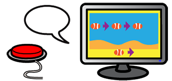 Colorful drawing of a computer monitor on the right with a display showing a pattern and a red switch on the right with a blank conversation bubble above it.