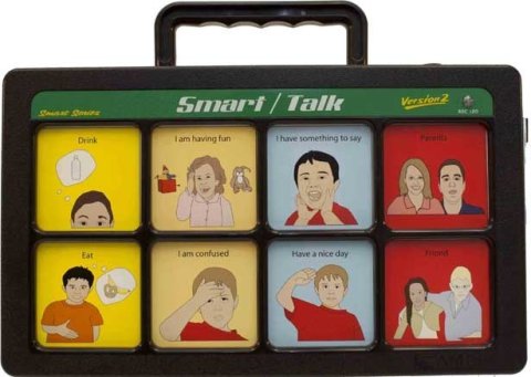 A black rectangular device with eight message icons with text above such as "drink" and "have a nice day," and a handle on the top.