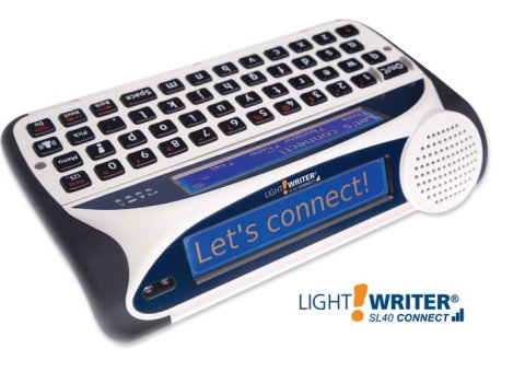 A white keyboard with gray keys, a blue screen above the keys, and a second blue screen with a white speaker on the back of the device.