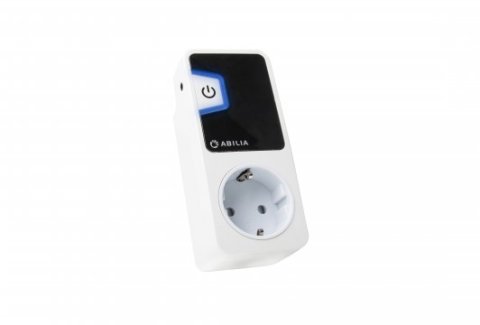 A white rectangular device with a white socket at the bottom and a black screen with a power button above it.