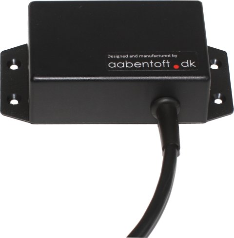 A black rectangular device with a black cord.