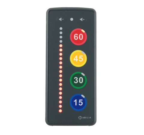 A gray rectangular device with a vertical row of lights next to the numbers 60, 45, 30, and 15.