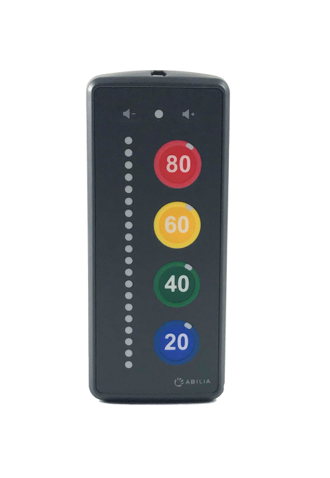 A gray rectangular device with a vertical row of lights next to the numbers 80, 60, 40, and 20.