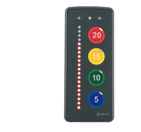 A gray rectangular device with a vertical row of lights next to the numbers 20, 15, 10, and 5.