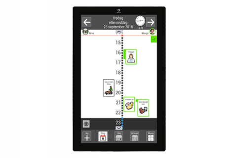 A tablet featuring the MEMOplanner screen with dates on the left half and icons representing activities on the right.