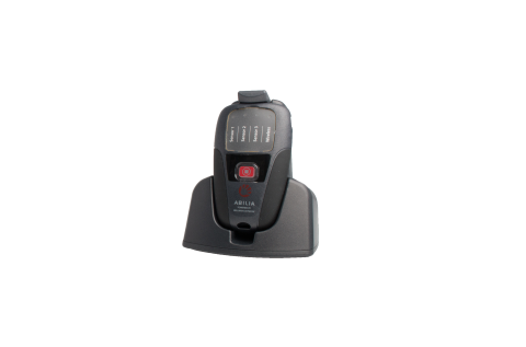 A gray rectangular device with a push button in the middle and menu options for sensors at the top.