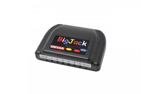 A black rectangular device with six inputs on the side.
