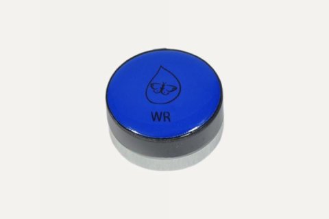 A blue round disk with a black base and a butterfly and water drop logo in the middle and the letters WR below it.