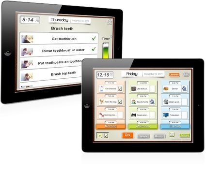 Two iPads showing screenshots. One has a list of activities for brushing teeth, and the other has a calendar showing Friday's activities. 