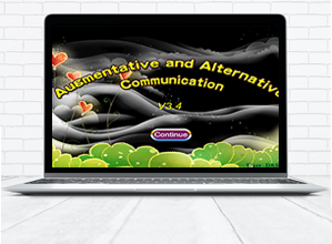 Laptop computer with a display showing the program's main screen, which features its name against a black, night sky, treetops along the bottom, and balloons in the shape of hearts.