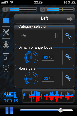 Screenshot of a settings control panel with three sound controls and a frequency graph along the bottom.