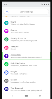 A phone's search results for settings with the Accessibility option highlighted.