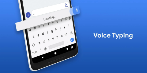 Voice typing screen where the word "listening" appears above the on-screen keyboard.