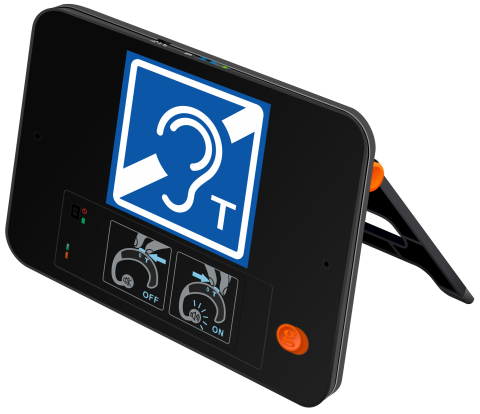 A black rectangular device with menu options on the front and an easel back.