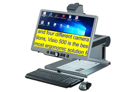 A monitor with 6 buttons displays blue text magnified on a yellow background on the lower half of the screen. Arms mounted on the back connect the monitor to the document tray below where a keyboard and mouse are displayed in front of it.