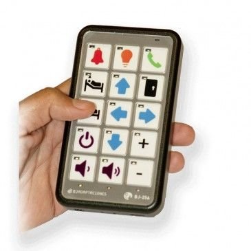 A remote control with various icons and arrows to indication functions.