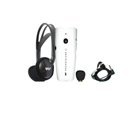 Picture of headphones leaning against a small, white oblong device with an earbud coiled next to it.