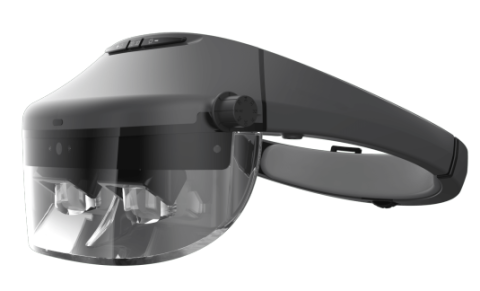 Gray googles and headband, with a clear eye shield and a knob on the right. 