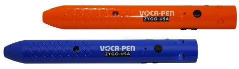 Two horizontal pen-like devices with a small black button near the back end of the pen. A red pen is above and slightly behind a blue pen below.