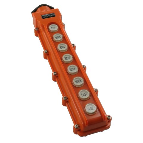 An orange rectangular device with 8 buttons labeled up, down, east, west, south, north, fast, and slow.