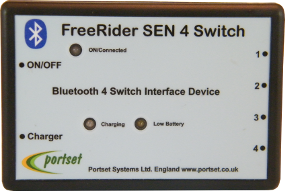 A white rectangular device with 4 inputs, on/connected, charging, and low battery indicators.