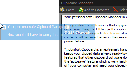 A screenshot of text in a blue window being dragged from the clipboard manager.