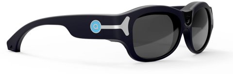 Aira Horizon glasses are shown with a heavy black plastic frame, darkened glass and a nose bridge only (no pads). The arms have a light blue circle with a  silver band that extends to the outer corner of the eyeglass.
