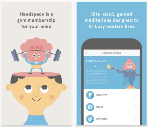 Shown is a picture of a man drawn with the top of his head cut off. On it is a pink cloud-like headed body lifting weights with "MIND" written on the forehead. Above the image is the tag line: Headspace is a gym membership for your mind. Another picture is shown on a phone with the words "choose a pack". Below are options like creativity, focus, and happiness. The message above the picture is "Bite-sized, guided meditations designed to fit busy, modern lives".