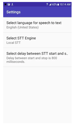 A screenshot of the Settings menu written in a royal blue header. Select languages for speech to text is the first selection; select STT Engine is the second, and Select delay between STT start and stop is the third.