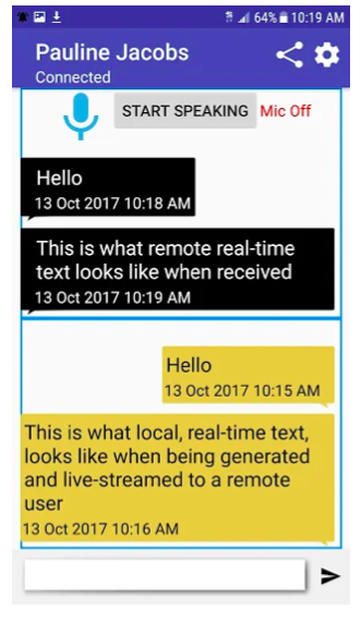 A screenshot of a dialogue screen that has a Name written at the top in a royal blue header, followed by the word "connected". Below is a blue mic with the words "Start speaking" highlighted. Next to this is the words written in red "Mic off". The page is divided into 2 with a text bar and "send" arrow at the very bottom.