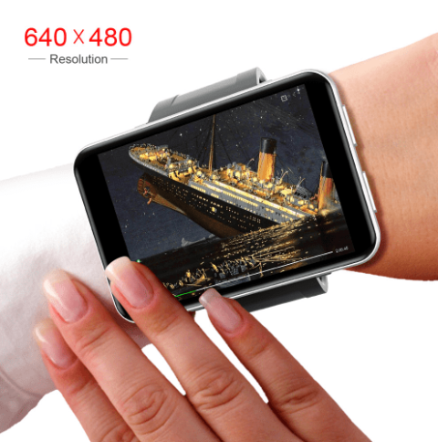 A mobile phone-sized tablet attached to a band that is wrapped around a wrist. 