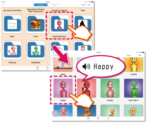 Voice4u pictogram word selection menu shows file folders with icons labeling them, A red thick arrow points to another menu that expands one of the file folders which was chosen, shown by a finger pointing to it and a dashed red square around it. The icons from the file folder are shown in a grid of 3 rows of 4 pics. One is chosen, shown by the finger and red square, and has a speech bubble with the word "happy" and a sound symbol.