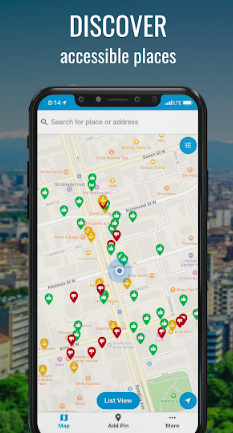 A smartphone with a street map on the screen, showing several pins in colors of green, yellow, and red. Above this pic is the tag line: Discover accessible places.
