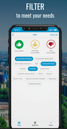 A smartphone with the filter menu of the app on the screen. The first line of buttons determines the level of accessibility needed (green thumb up, yellow hazard cone, or red thumb down). The next 6 rows of options include Accessible Parking, Accessible Washroom, ASL, Elevator, Alternative Entrance, Automatic Door, Braille, Large Print, Service Animal-Friendly, Ramp, Scent-Free, Outdoor Access only, Spacious, StopGap Ramp.  More than one of these features are highlighted here.