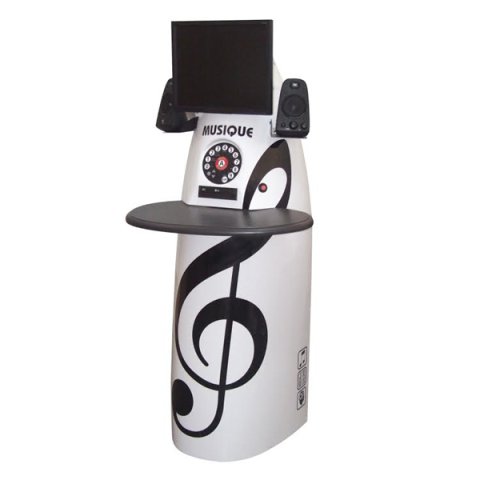 A tall, white terminal with a black treble clef note embossed on the front, a monitor and speakers at the top, and a tray in the middle.
