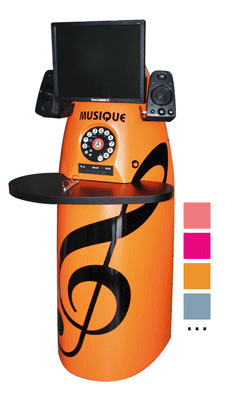 A tall, orange terminal with a black treble clef note embossed on the front, a monitor and speakers at the top, and a tray in the middle. Boxes to the right indicate colors available in pastel pink, hot pink, orange, and gray.