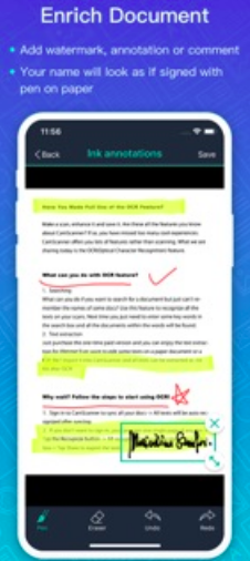 A smartphone's screen with a text document on it, highlighted in yellow, hand-marked with red checks, underlines, and a star, and a green text box with a signature in dark ink.